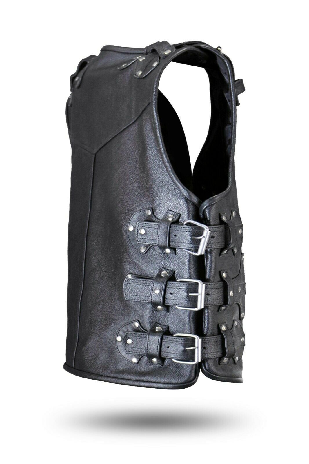 Men's Black Genuine Leather Gilet Biker Waistcoat Vest