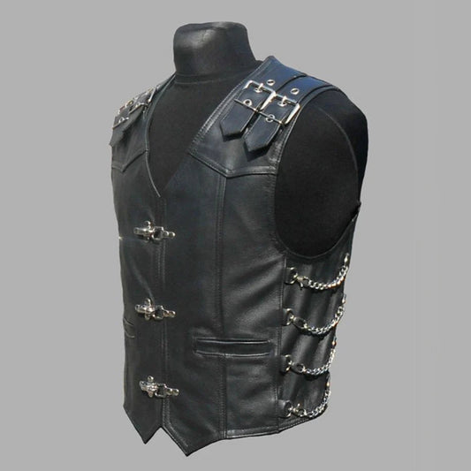 Gilet Biker Homme Noir En Cuir Véritable
