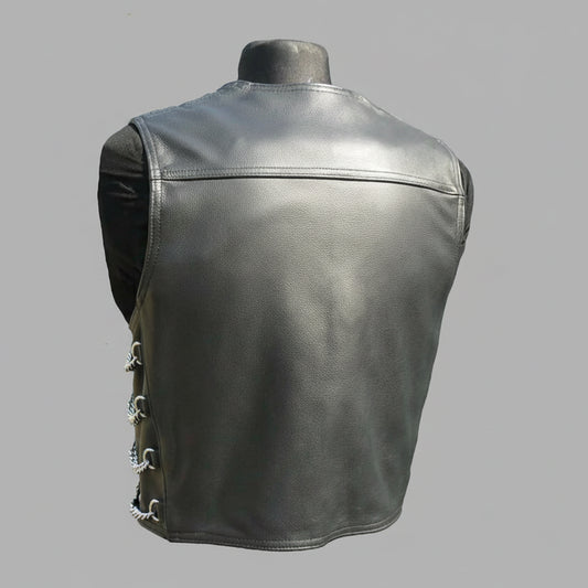Gilet Biker Homme Noir En Cuir Véritable
