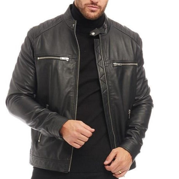 Men's Black Sheep Leather Racer Neck Jacket
