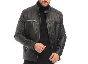 Men's Black Genuine Leather Racer Neck Biker Jacket