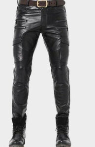 Pantalon de motard slim en cuir véritable pour hommes