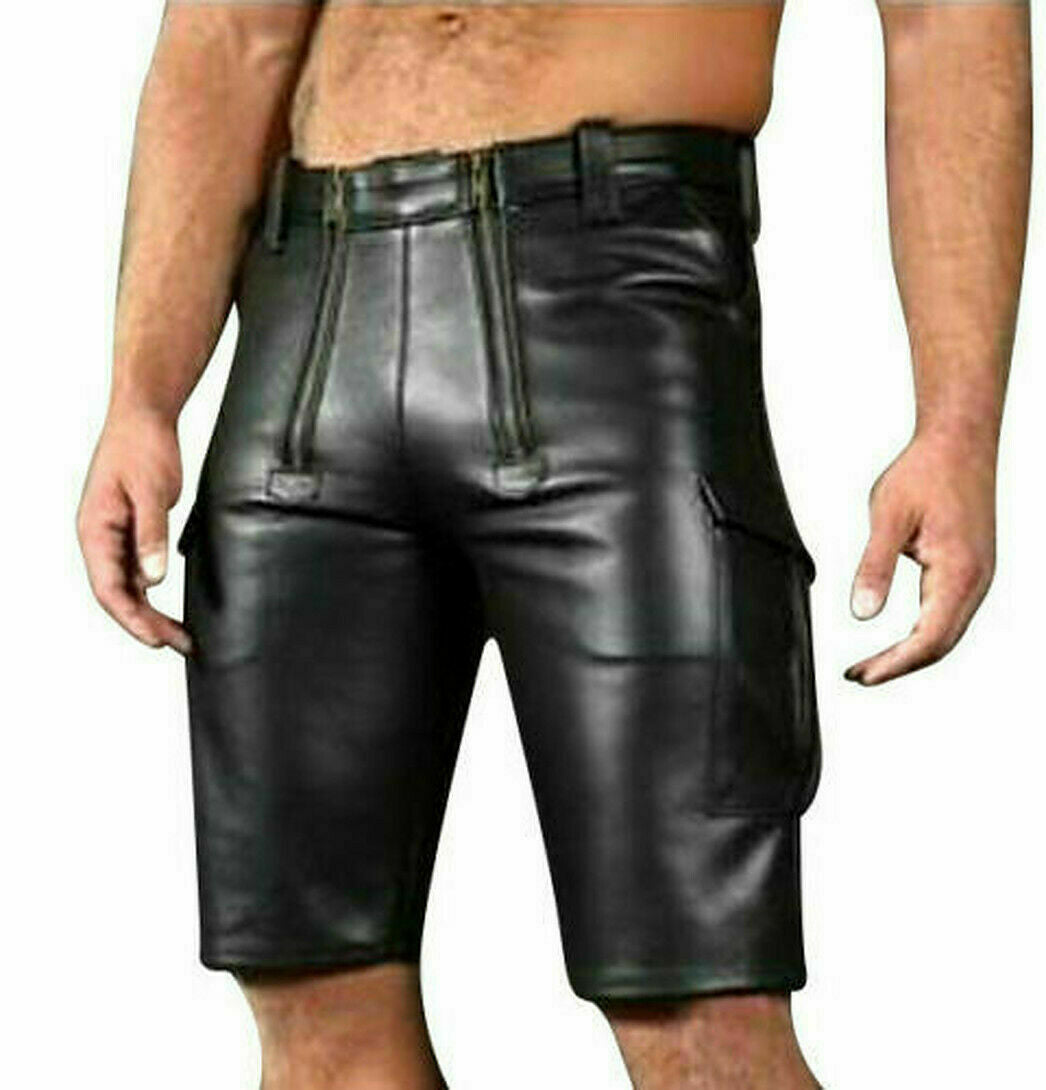 Men's Genuine Leather Cargo Shorts with Double Zip Front