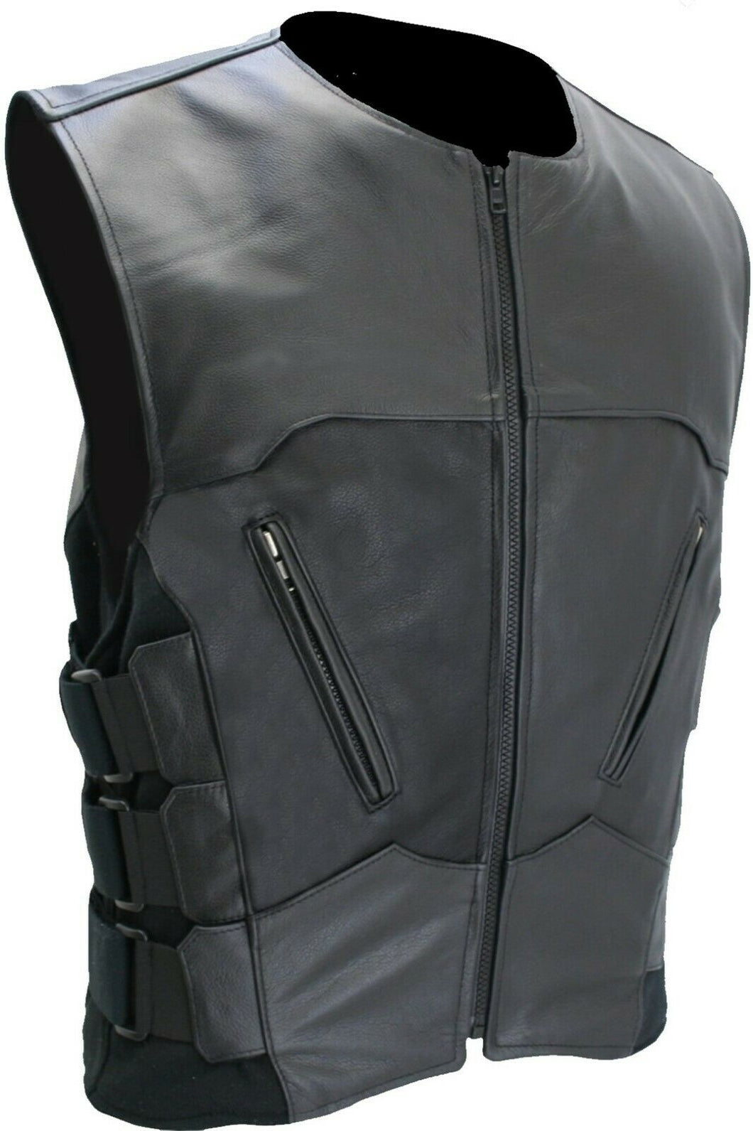 Mens Genuine Leather Cut SWAT Style Biker Vest