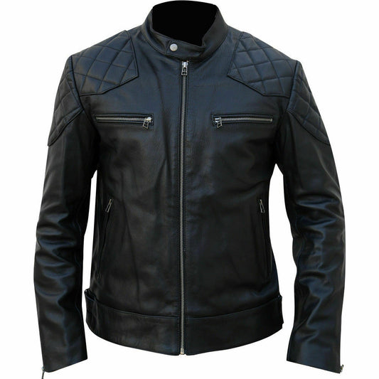 Veste motard en cuir véritable David Beckham noire coupe slim pour homme