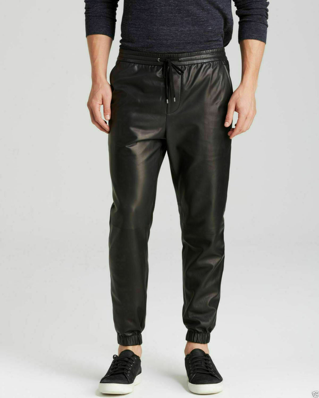 Men's Black Genuine Leather Track pants
