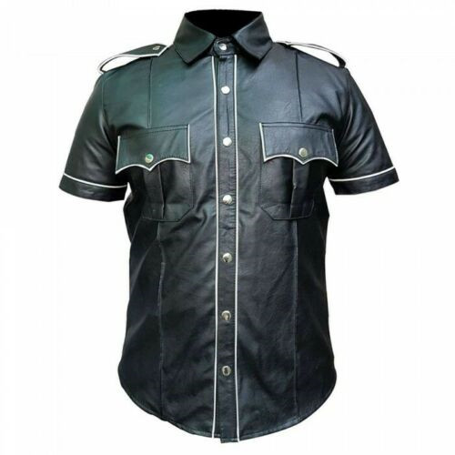 Men's Genuine Leather Gothic Punk Police Leather shirt