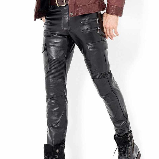 Men's Genuine Leather slim Biker trouser pants