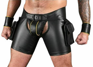 Herren-Chaps-Shorts aus echtem Leder mit Armbändern Bondage