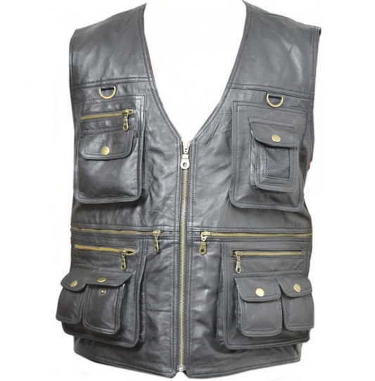 Men's Black Genuine Leather Hunter Vest