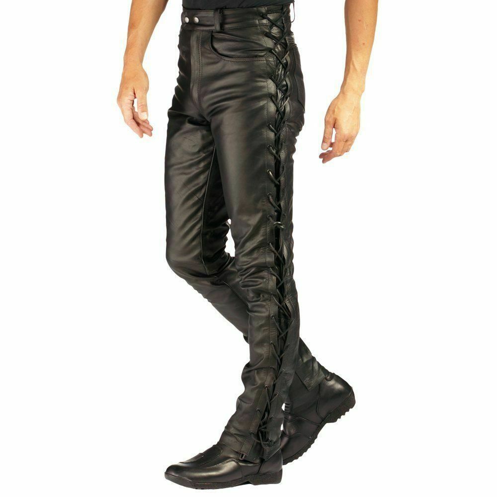 Men's Genuine Leather Side Lacing Biker Pants