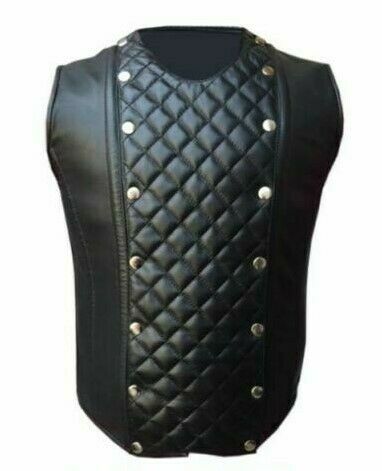 Men's Real Leather Black Biker Style Waistcoat Vest