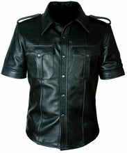 Laden Sie das Bild in den Galerie-Viewer, Kurzärmliges schwarzes Herrenhemd aus echtem Leder
