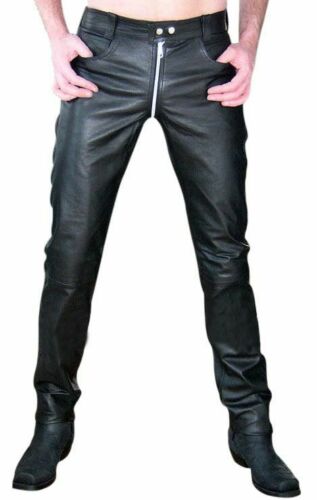 Pantalon en cuir véritable pour hommes avec fermeture à glissière Bondage