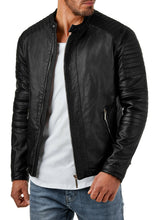 Load image into Gallery viewer, Men&#39;s Black Genuine Leather Padded Biker Jacket
