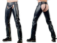 Indlæs billede til gallerivisning Men&#39;s Black Genuine Leather Chaps With Detachable Cod Gay Pants
