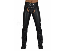 Indlæs billede til gallerivisning Men&#39;s Black Genuine Leather Chaps With Detachable Cod Gay Pants
