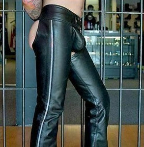 Men's Black Genuine Leather Chaps With Detachable Cod Piece Gay Pants BLUF