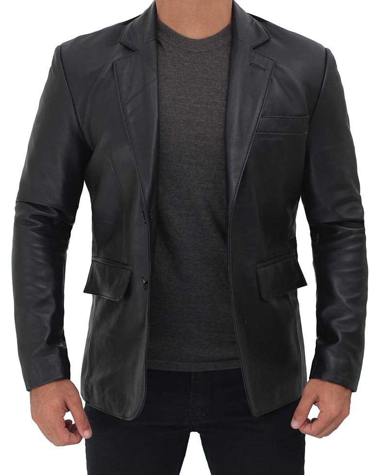 Men s Black Genuine Leather Blazer Jacket Leather Right