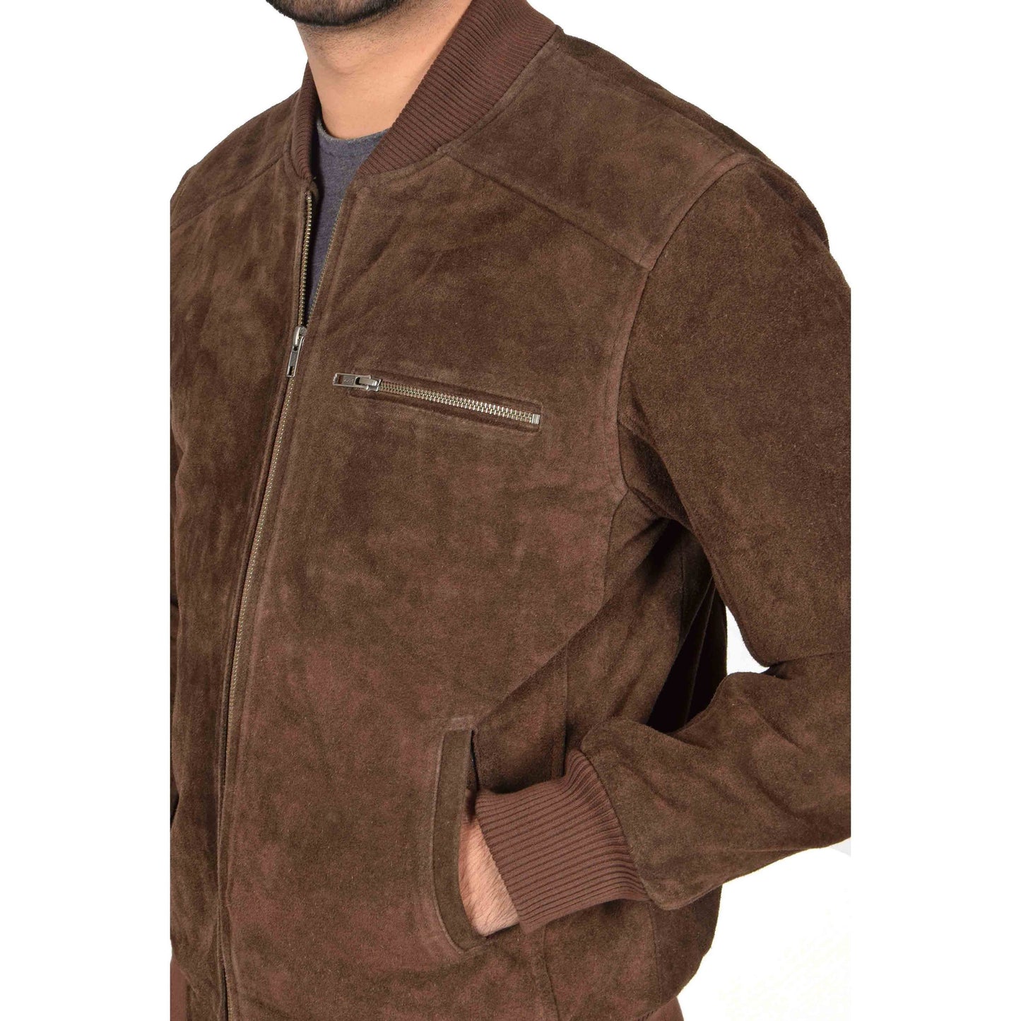 Men's Brown Suede Leather Bomber Jacket