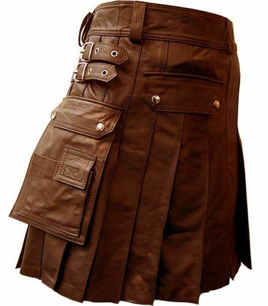 Brauner Utility-Kilt aus echtem Leder für Herren mit zwei CARGO-Taschen, plissiert und mit zwei Schnallen