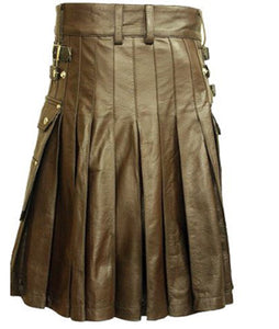 Men's Brown Genuine Leather Utility Kilt Twin CARGO Pockets