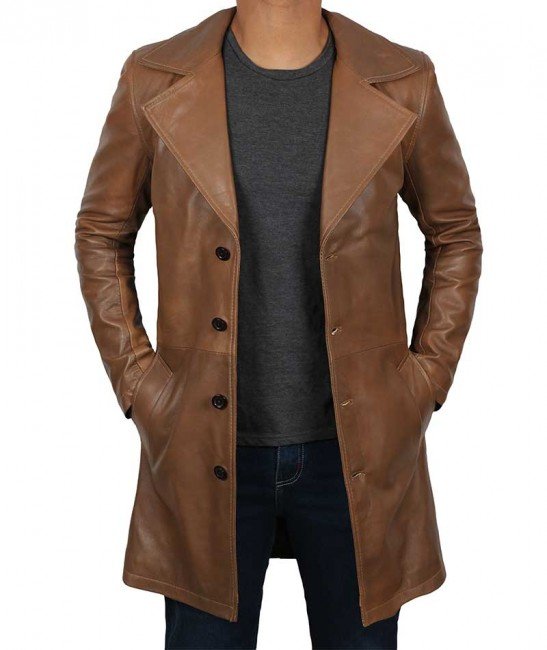 Men's Brown Genuine lambskin 3/4 Length Coat Jacket