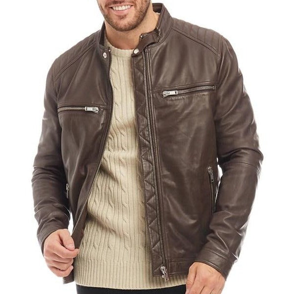 Men's Brown Sheep Leather Racer Neck Jacket