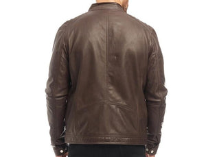 Men's Brown Genuine Leather Racer Neck Biker Jacket
