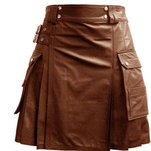 Charger l&#39;image dans la galerie, Kilt utilitaire en cuir véritable marron pour homme avec deux poches CARGO plissées avec deux boucles
