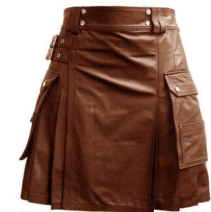 Men's Brown Genuine Leather Utility Kilt Twin CARGO Pockets Pleated with Twin Buckles