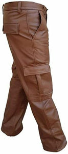 Men's Brown Genuine Leather Cargo Pants Biker Trouser
