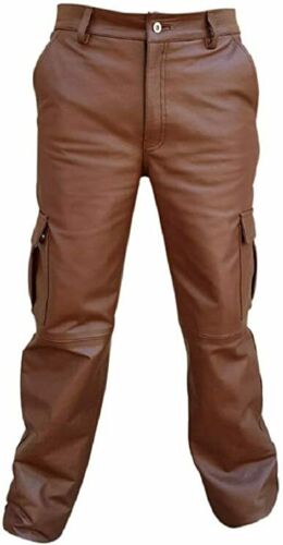 Men's Brown Genuine Leather Cargo Pants Biker Trouser