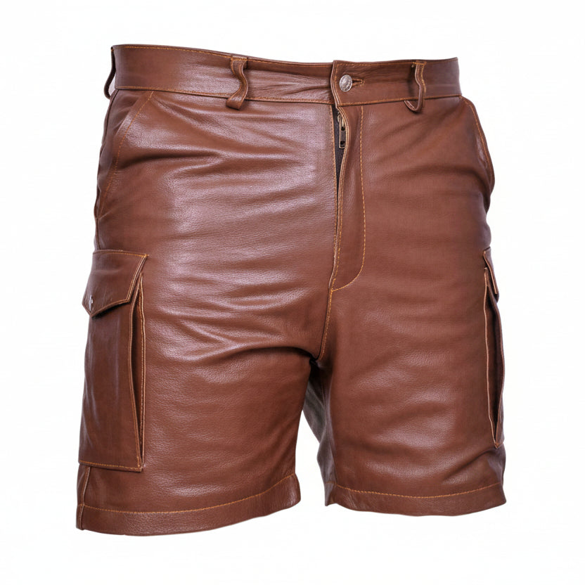 Herren Braun Echtes Leder Lässige Clubwear Cargo-Shorts