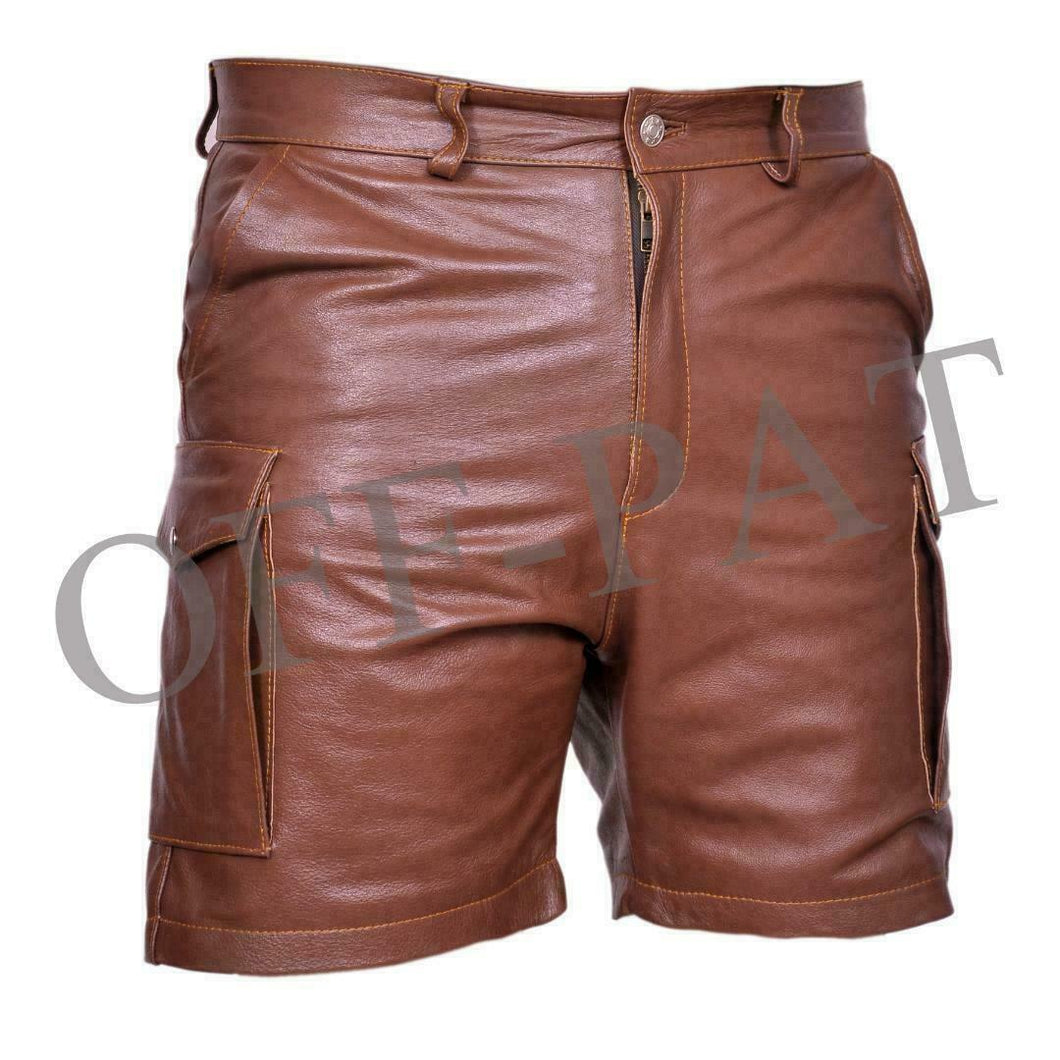 Men's Brown Genuine Leather Casual clubwear Cargo shorts