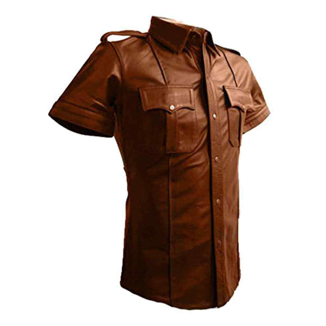 Braunes Premium-Lederhemd für Herren im Polizei-/Militärstil mit kurzen Ärmeln