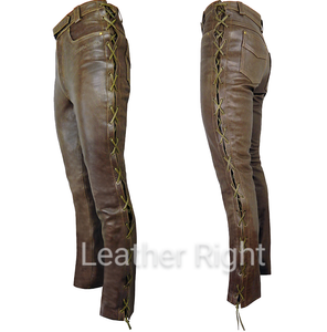 Men's Brown Genuine Leather Laced up Biker trouser Jeans