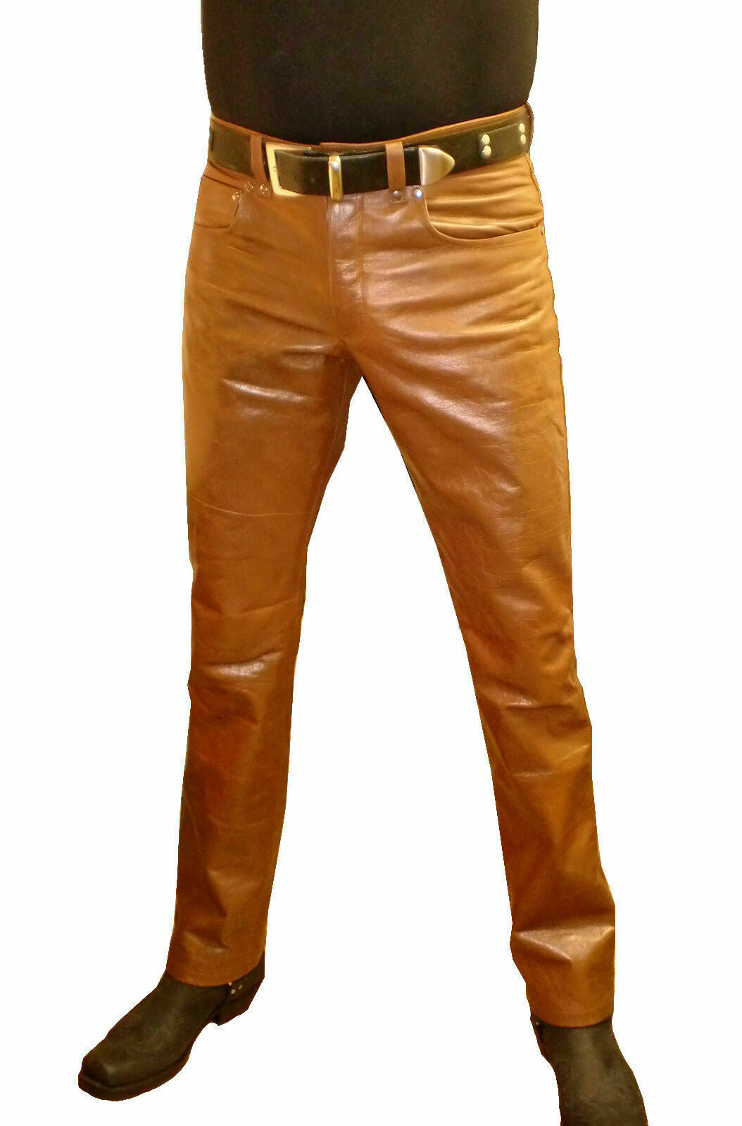 Pantalon de motard en cuir véritable beige pour hommes