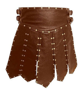 Men's Brown Genuine Leather Studded Gladiator Kilt Larp