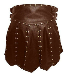 Men's Brown Genuine Leather Studded Gladiator Kilt Larp