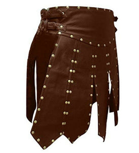 Men's Brown Genuine Leather Studded Gladiator Kilt Larp