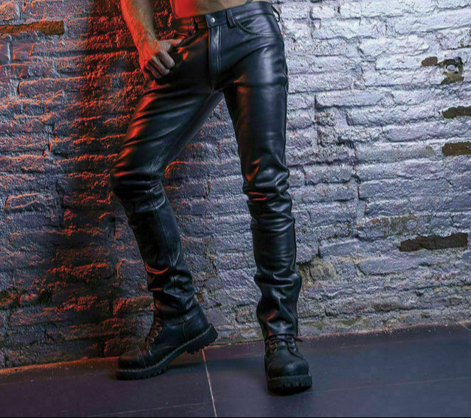 Men's Genuine Leather Slim Fit Pants Jeans