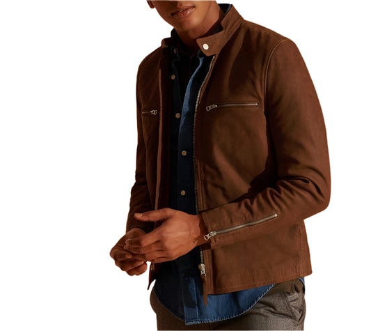 Men's Brown Racer Nubuck Leather Jacket