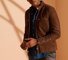 Afbeelding in Gallery-weergave laden, Men&#39;s Brown Racer Nubuck Leather Jacket
