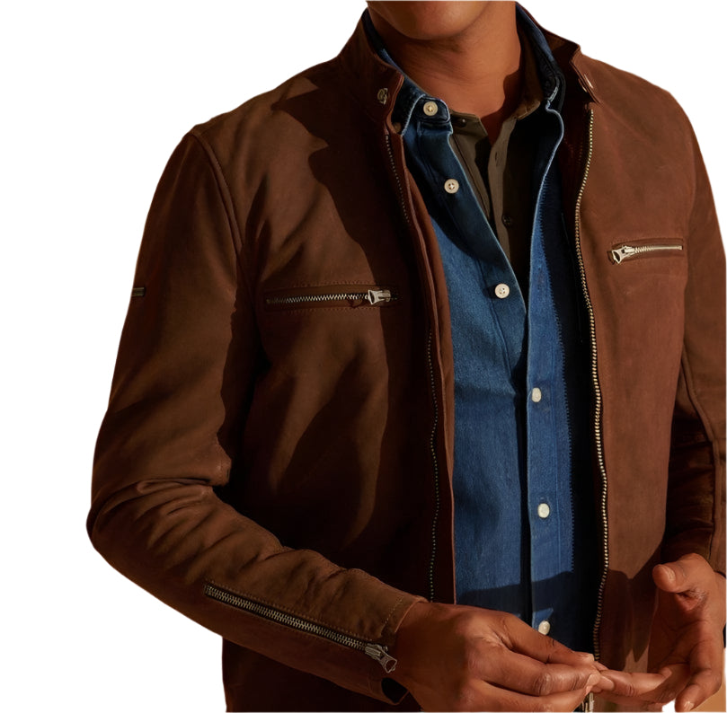 Men's Brown Racer Nubuck Leather Jacket