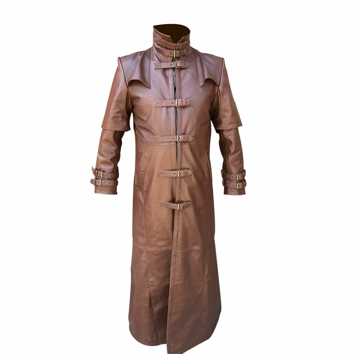 Herren braun Echtleder Trenchcoat Steampunk
