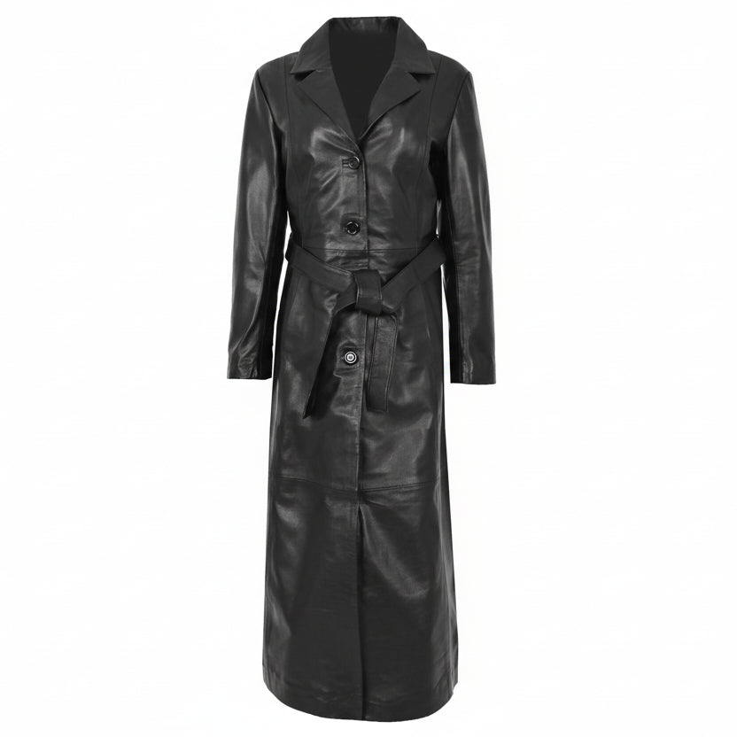 Women's Black Genuine Leather Long Coat Trench