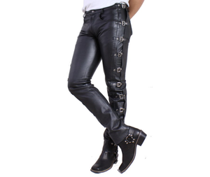Men's Black Genuine Leather Buckled Jeans pants