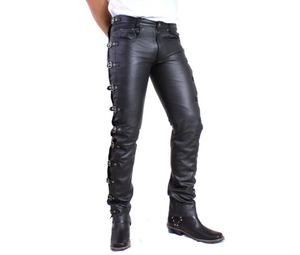 Pantalon en jean noir à boucle en cuir véritable pour homme