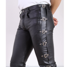 Charger l&#39;image dans la galerie, Pantalon en jean noir à boucle en cuir véritable pour homme
